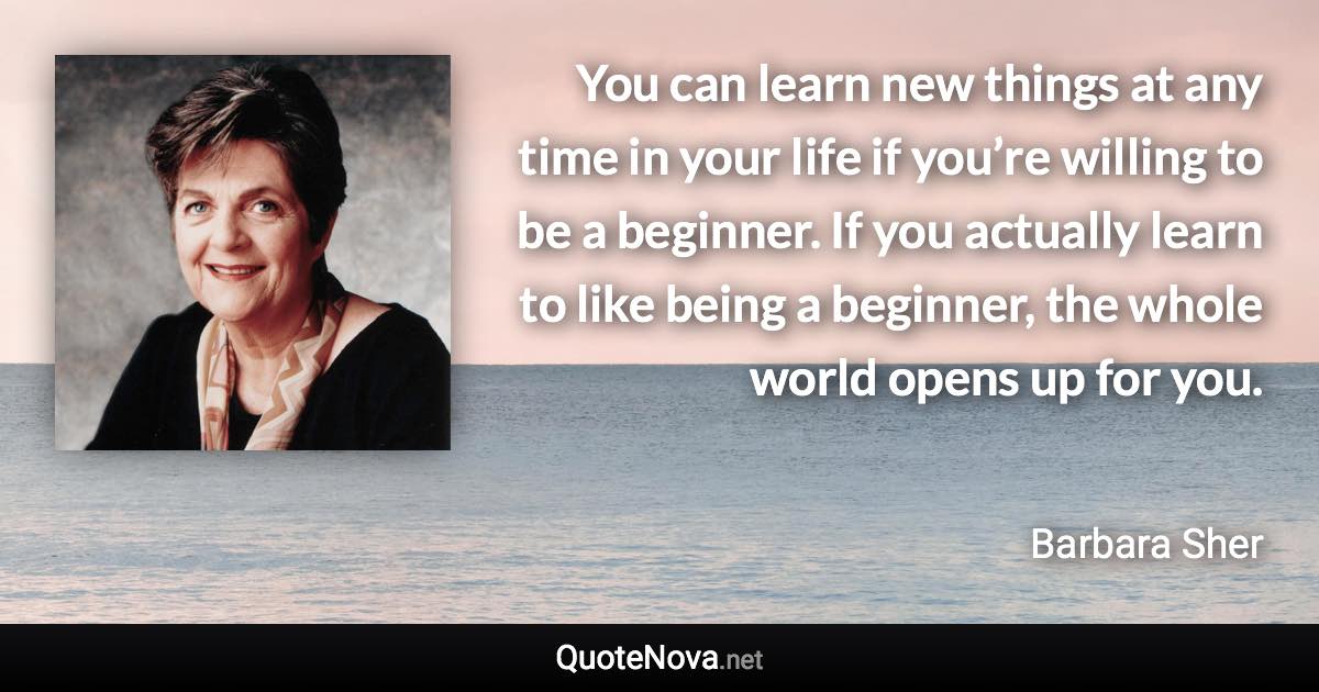 You can learn new things at any time in your life if you’re willing to be a beginner. If you actually learn to like being a beginner, the whole world opens up for you. - Barbara Sher quote