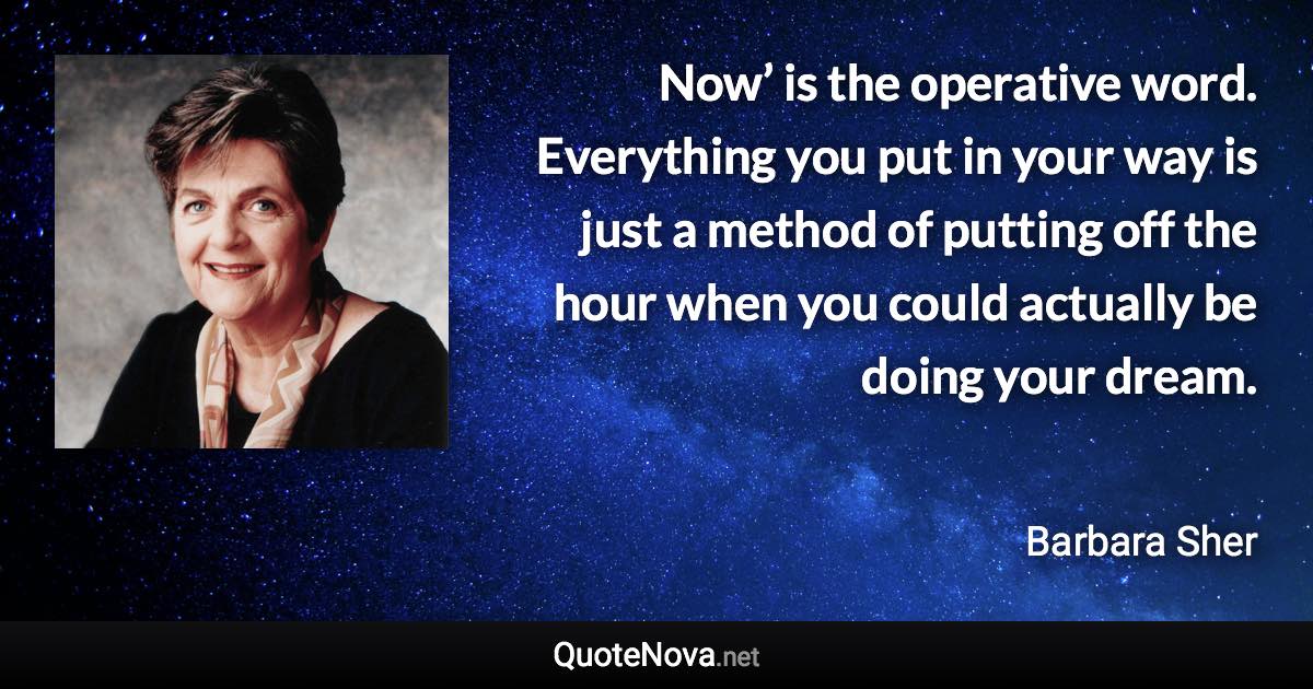 Now’ is the operative word. Everything you put in your way is just a method of putting off the hour when you could actually be doing your dream. - Barbara Sher quote