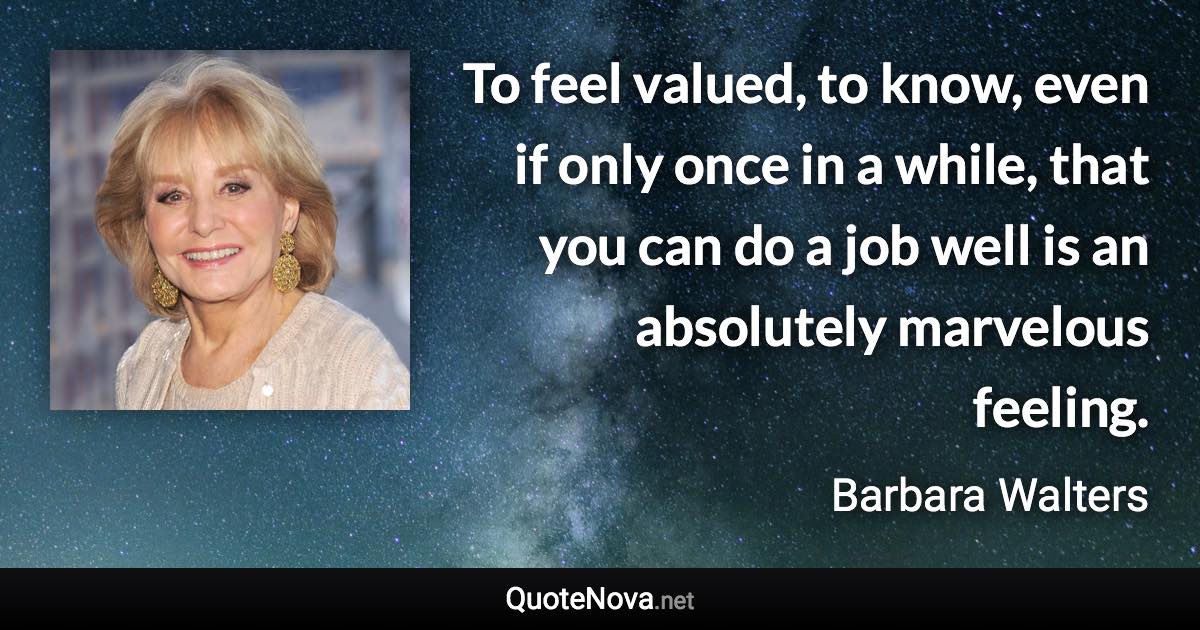 To feel valued, to know, even if only once in a while, that you can do a job well is an absolutely marvelous feeling. - Barbara Walters quote
