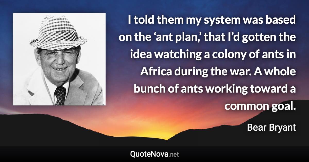 I told them my system was based on the ‘ant plan,’ that I’d gotten the idea watching a colony of ants in Africa during the war. A whole bunch of ants working toward a common goal. - Bear Bryant quote