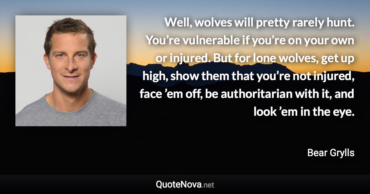 Well, wolves will pretty rarely hunt. You’re vulnerable if you’re on your own or injured. But for lone wolves, get up high, show them that you’re not injured, face ’em off, be authoritarian with it, and look ’em in the eye. - Bear Grylls quote