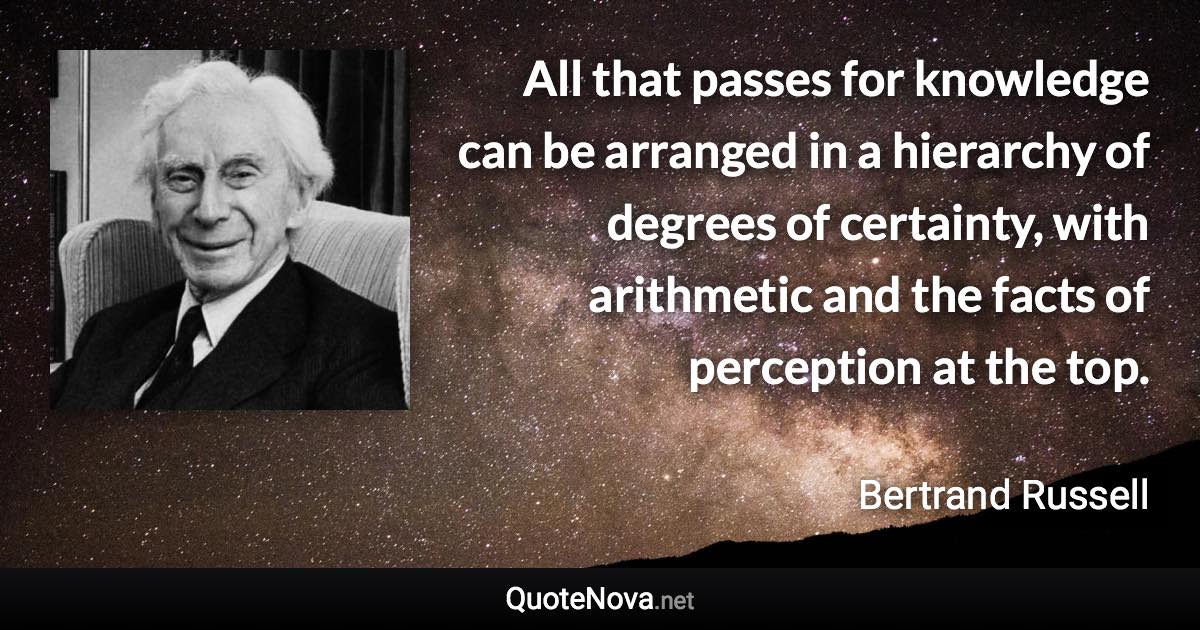 All that passes for knowledge can be arranged in a hierarchy of degrees of certainty, with arithmetic and the facts of perception at the top. - Bertrand Russell quote