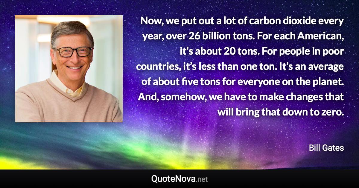 Now, we put out a lot of carbon dioxide every year, over 26 billion tons. For each American, it’s about 20 tons. For people in poor countries, it’s less than one ton. It’s an average of about five tons for everyone on the planet. And, somehow, we have to make changes that will bring that down to zero. - Bill Gates quote