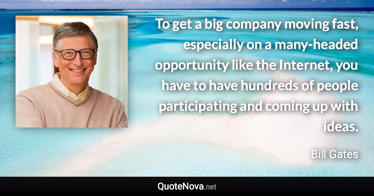 To get a big company moving fast, especially on a many-headed opportunity like the Internet, you have to have hundreds of people participating and coming up with ideas. - Bill Gates quote