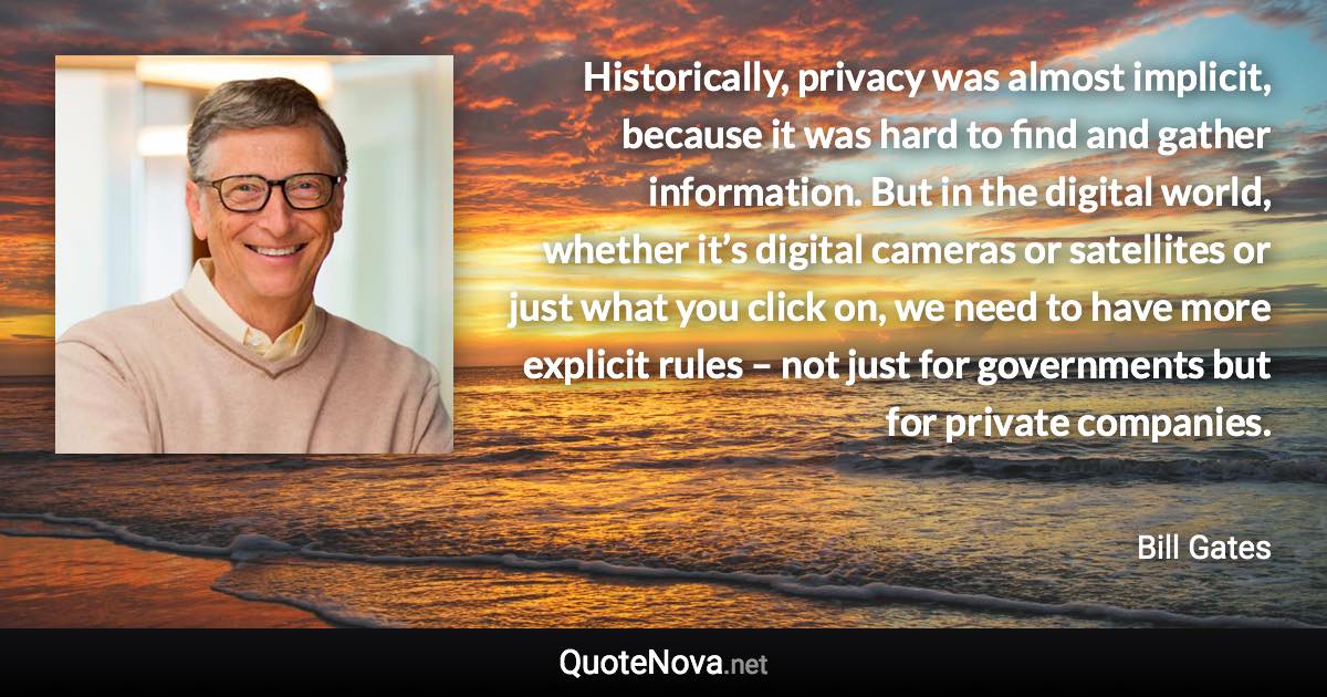 Historically, privacy was almost implicit, because it was hard to find and gather information. But in the digital world, whether it’s digital cameras or satellites or just what you click on, we need to have more explicit rules – not just for governments but for private companies. - Bill Gates quote