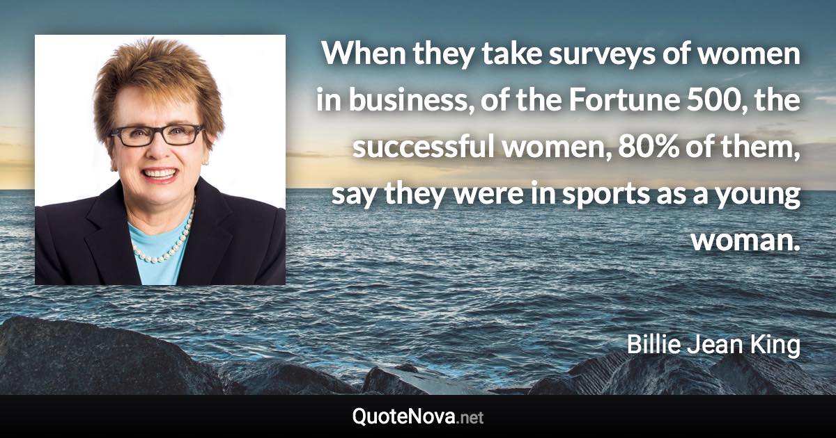 When they take surveys of women in business, of the Fortune 500, the successful women, 80% of them, say they were in sports as a young woman. - Billie Jean King quote