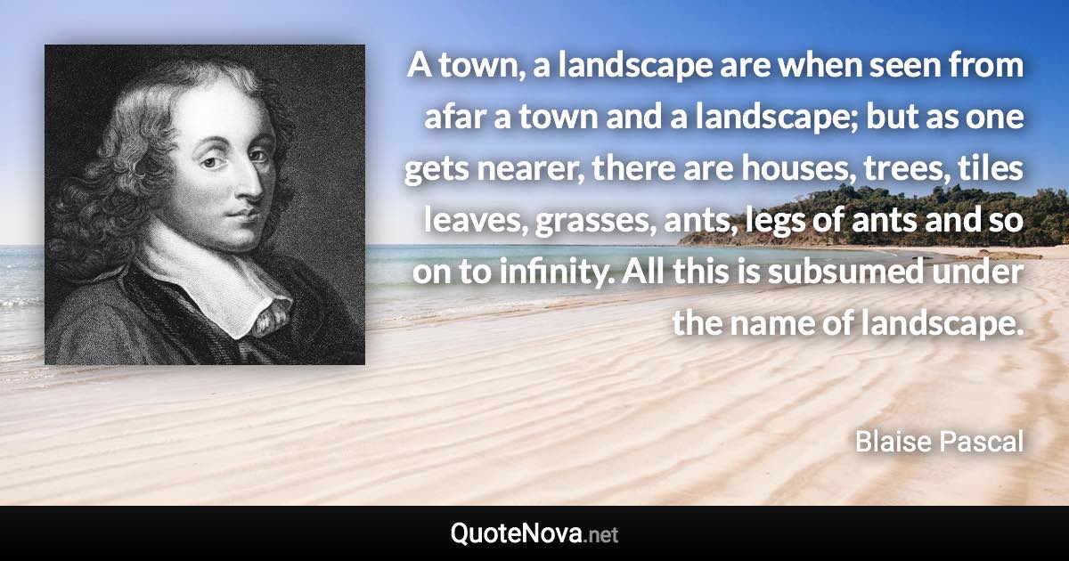 A town, a landscape are when seen from afar a town and a landscape; but as one gets nearer, there are houses, trees, tiles leaves, grasses, ants, legs of ants and so on to infinity. All this is subsumed under the name of landscape. - Blaise Pascal quote