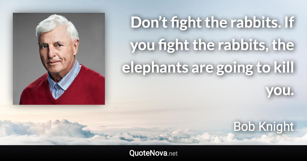 Don’t fight the rabbits. If you fight the rabbits, the elephants are going to kill you. - Bob Knight quote