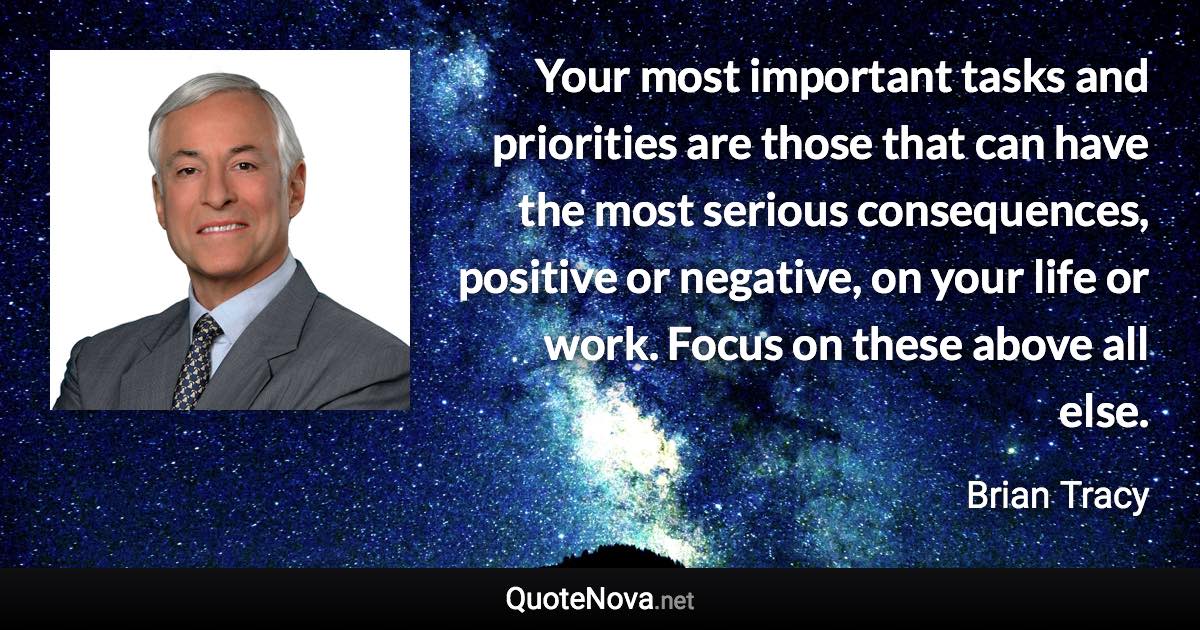 Your most important tasks and priorities are those that can have the most serious consequences, positive or negative, on your life or work. Focus on these above all else. - Brian Tracy quote