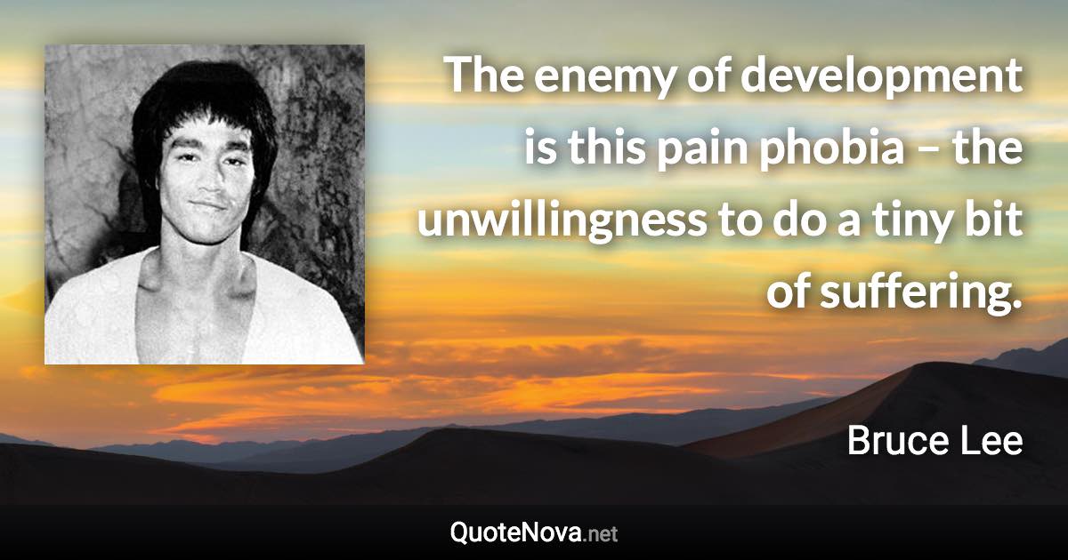 The enemy of development is this pain phobia – the unwillingness to do a tiny bit of suffering. - Bruce Lee quote