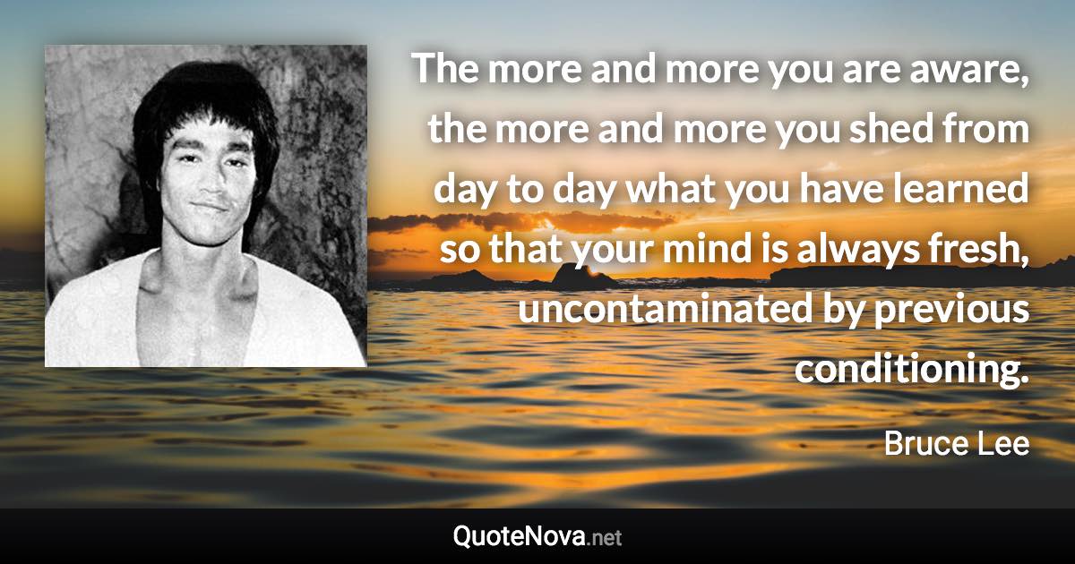 The more and more you are aware, the more and more you shed from day to day what you have learned so that your mind is always fresh, uncontaminated by previous conditioning. - Bruce Lee quote