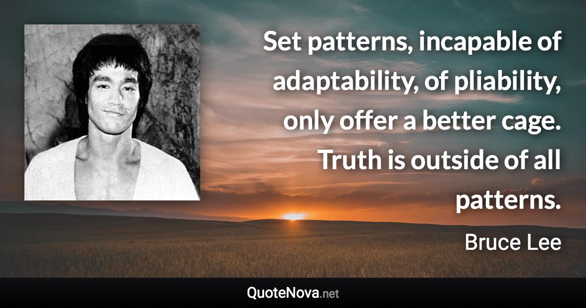 Set patterns, incapable of adaptability, of pliability, only offer a better cage. Truth is outside of all patterns. - Bruce Lee quote