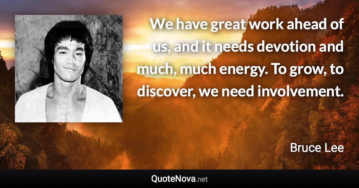 We have great work ahead of us, and it needs devotion and much, much energy. To grow, to discover, we need involvement. - Bruce Lee quote