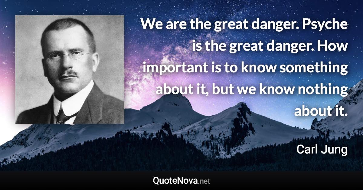 We are the great danger. Psyche is the great danger. How important is to know something about it, but we know nothing about it. - Carl Jung quote