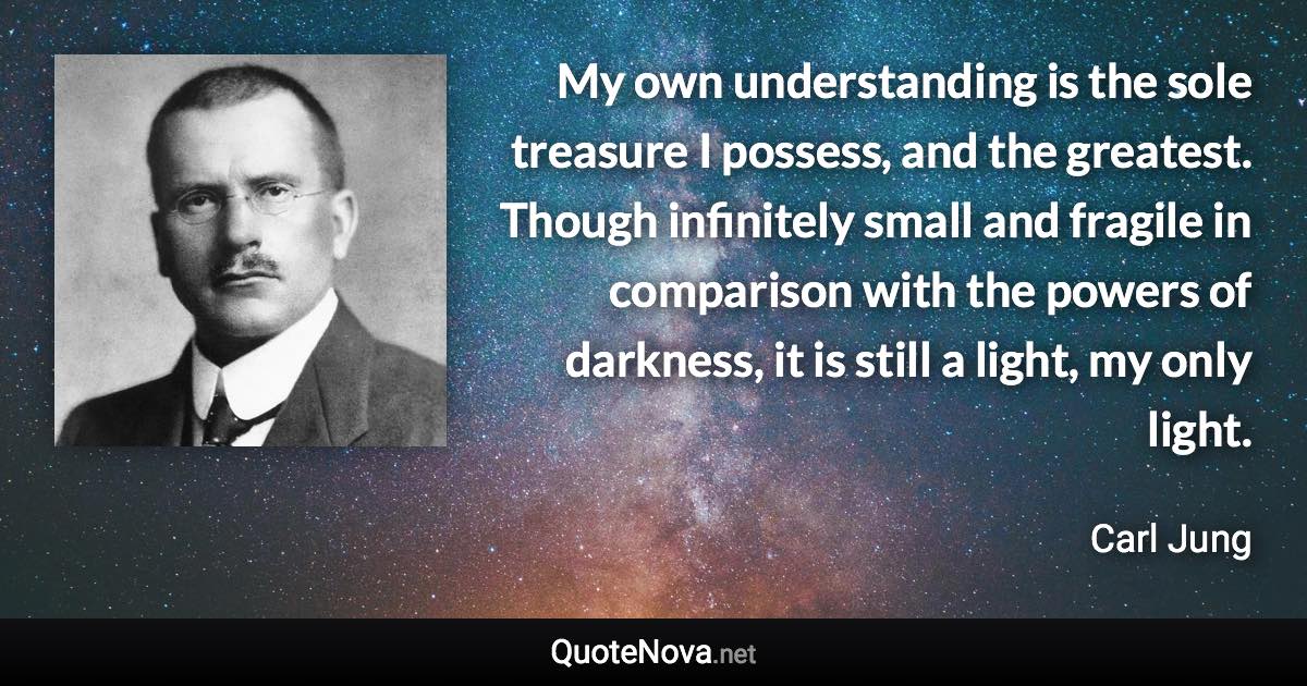 My own understanding is the sole treasure I possess, and the greatest. Though infinitely small and fragile in comparison with the powers of darkness, it is still a light, my only light. - Carl Jung quote