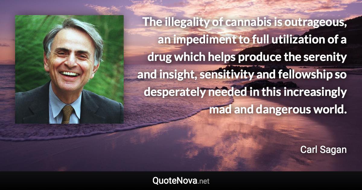 The illegality of cannabis is outrageous, an impediment to full utilization of a drug which helps produce the serenity and insight, sensitivity and fellowship so desperately needed in this increasingly mad and dangerous world. - Carl Sagan quote