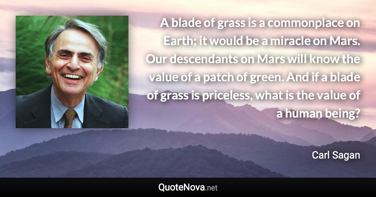 A blade of grass is a commonplace on Earth; it would be a miracle on Mars. Our descendants on Mars will know the value of a patch of green. And if a blade of grass is priceless, what is the value of a human being? - Carl Sagan quote