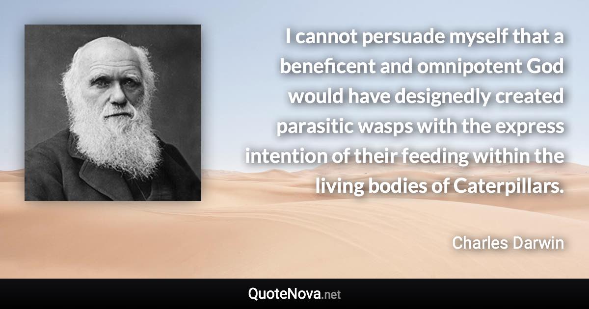 I cannot persuade myself that a beneficent and omnipotent God would have designedly created parasitic wasps with the express intention of their feeding within the living bodies of Caterpillars. - Charles Darwin quote