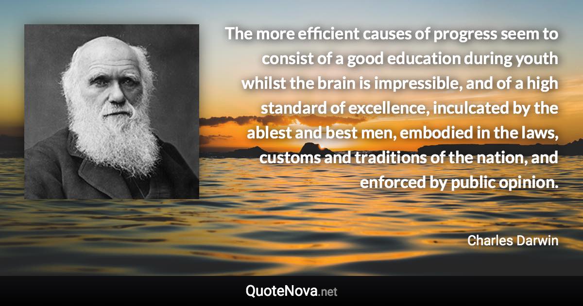 The more efficient causes of progress seem to consist of a good education during youth whilst the brain is impressible, and of a high standard of excellence, inculcated by the ablest and best men, embodied in the laws, customs and traditions of the nation, and enforced by public opinion. - Charles Darwin quote