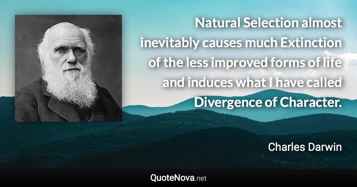 Natural Selection almost inevitably causes much Extinction of the less improved forms of life and induces what I have called Divergence of Character. - Charles Darwin quote