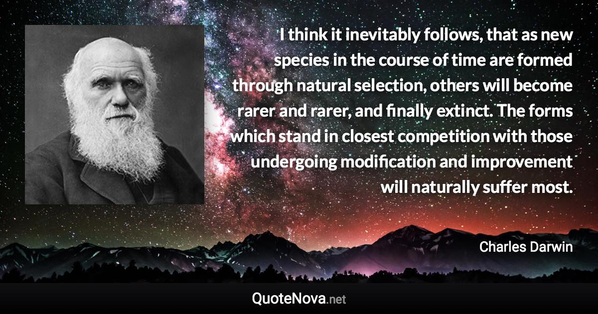 I think it inevitably follows, that as new species in the course of time are formed through natural selection, others will become rarer and rarer, and finally extinct. The forms which stand in closest competition with those undergoing modification and improvement will naturally suffer most. - Charles Darwin quote