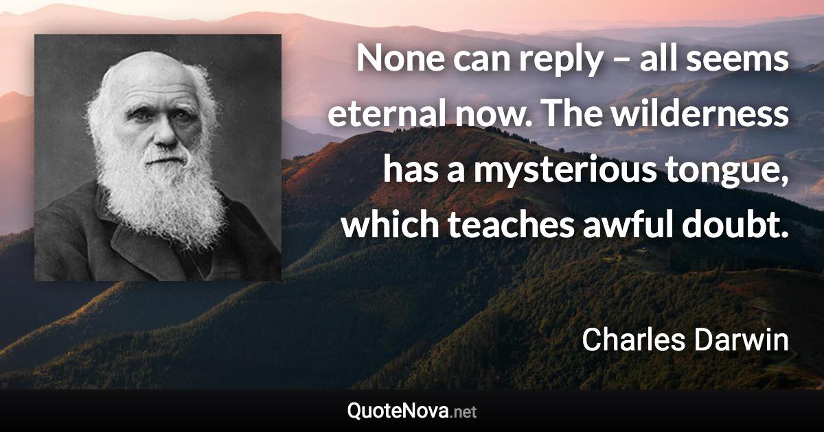 None can reply – all seems eternal now. The wilderness has a mysterious tongue, which teaches awful doubt. - Charles Darwin quote