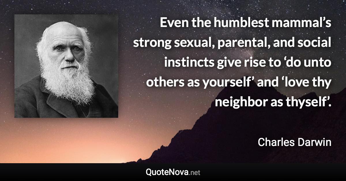 Even the humblest mammal’s strong sexual, parental, and social instincts give rise to ‘do unto others as yourself’ and ‘love thy neighbor as thyself’. - Charles Darwin quote