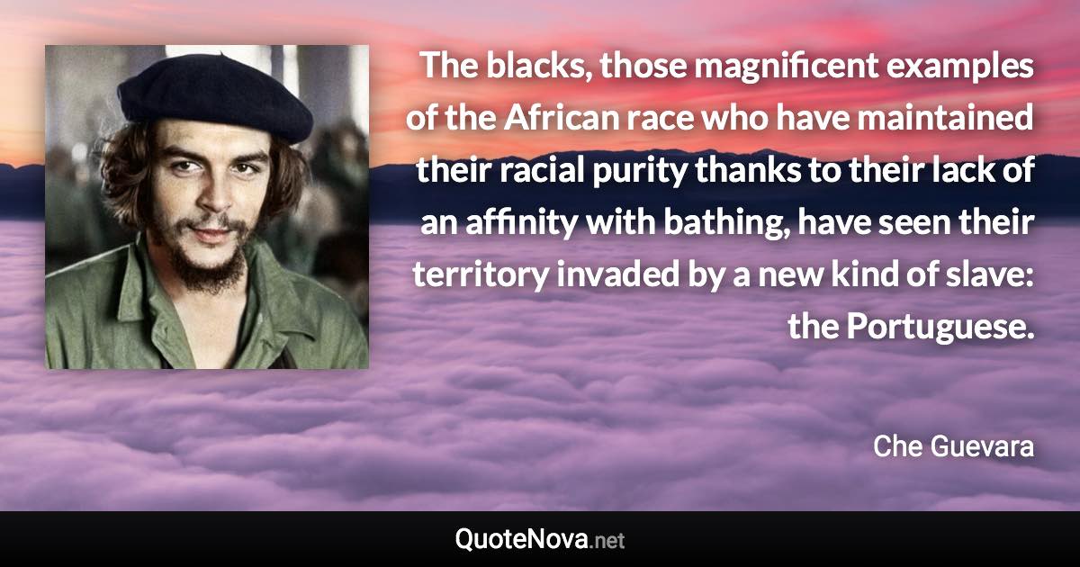 The blacks, those magnificent examples of the African race who have maintained their racial purity thanks to their lack of an affinity with bathing, have seen their territory invaded by a new kind of slave: the Portuguese. - Che Guevara quote