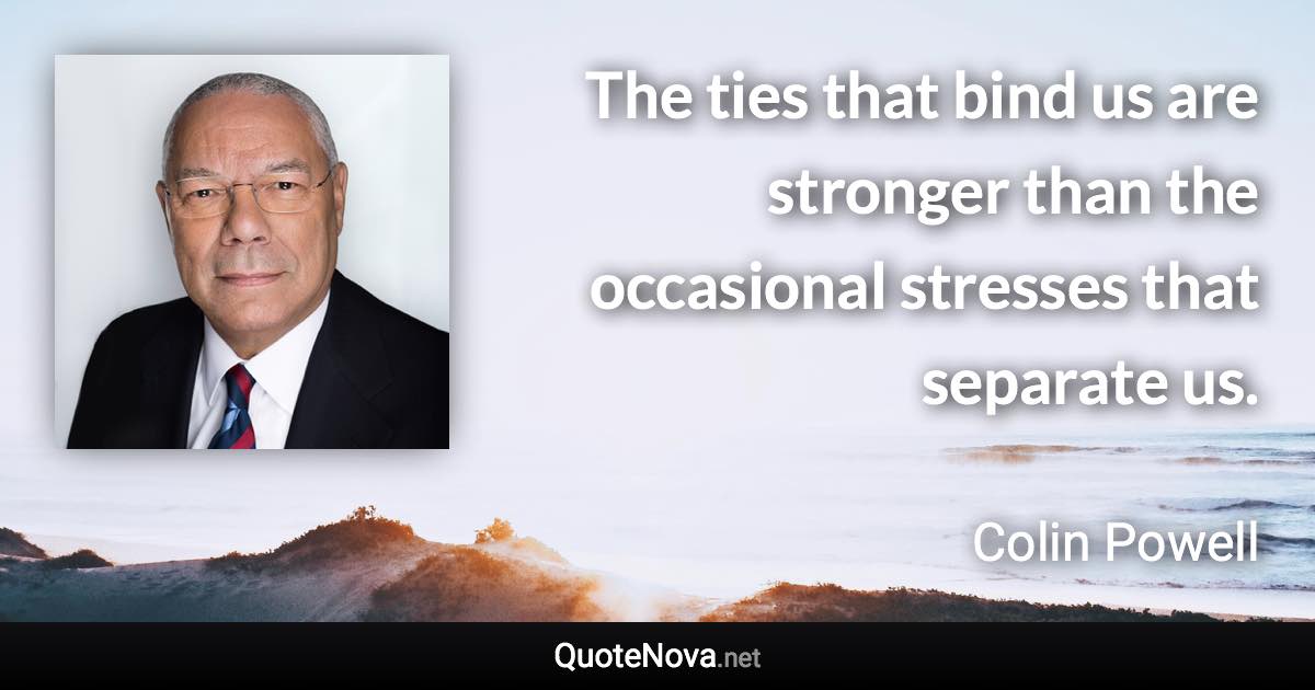 The ties that bind us are stronger than the occasional stresses that separate us. - Colin Powell quote