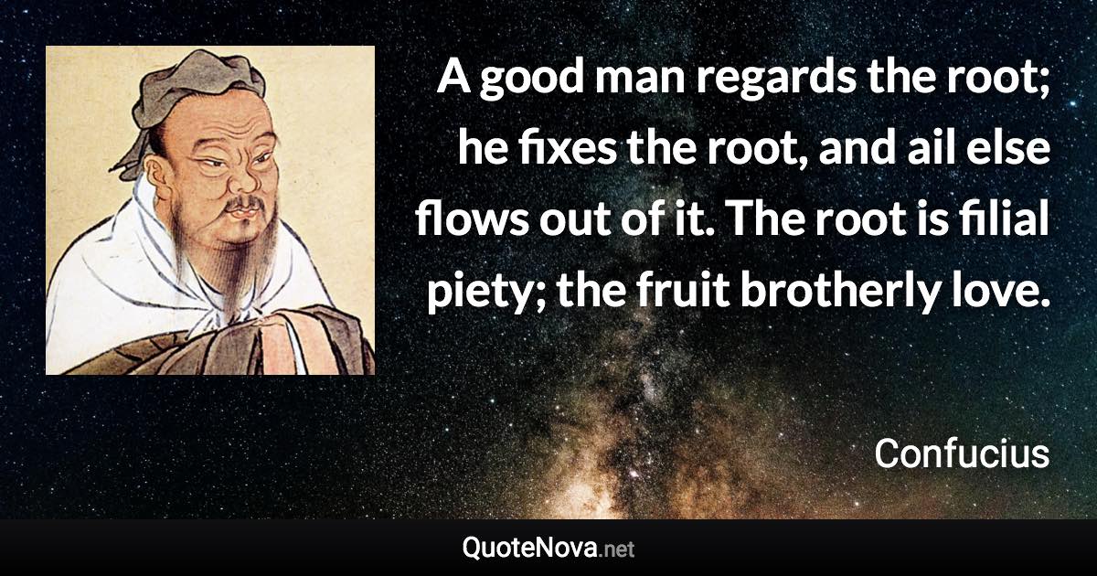 A good man regards the root; he fixes the root, and ail else flows out of it. The root is filial piety; the fruit brotherly love. - Confucius quote