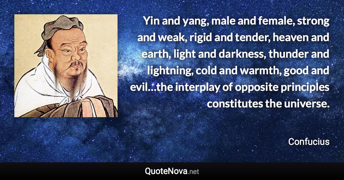 Yin and yang, male and female, strong and weak, rigid and tender, heaven and earth, light and darkness, thunder and lightning, cold and warmth, good and evil…the interplay of opposite principles constitutes the universe. - Confucius quote