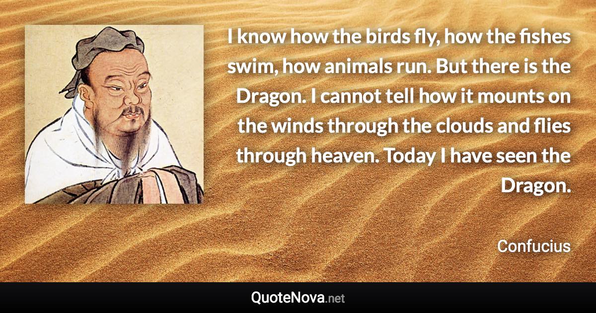 I know how the birds fly, how the fishes swim, how animals run. But there is the Dragon. I cannot tell how it mounts on the winds through the clouds and flies through heaven. Today I have seen the Dragon. - Confucius quote