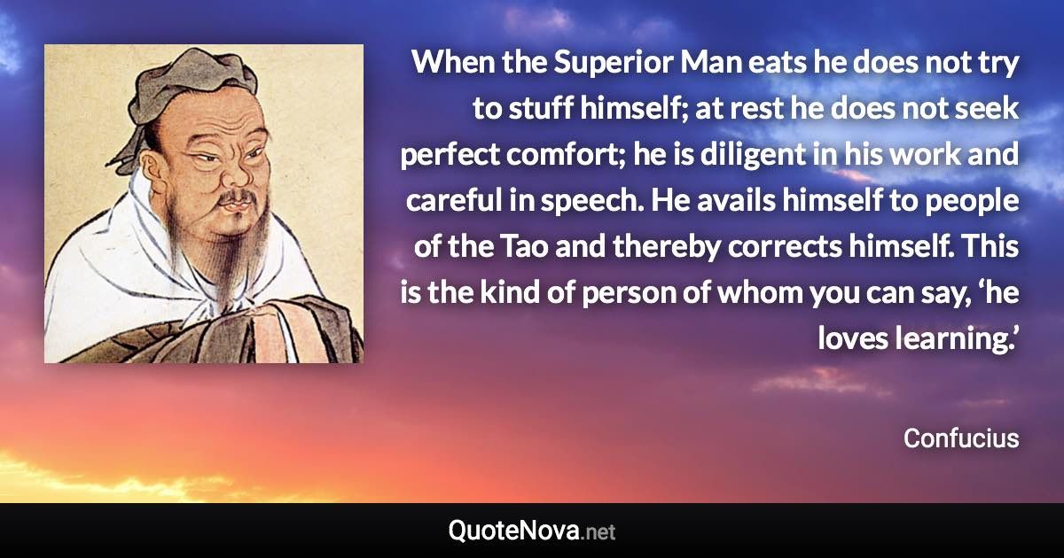 When the Superior Man eats he does not try to stuff himself; at rest he does not seek perfect comfort; he is diligent in his work and careful in speech. He avails himself to people of the Tao and thereby corrects himself. This is the kind of person of whom you can say, ‘he loves learning.’ - Confucius quote