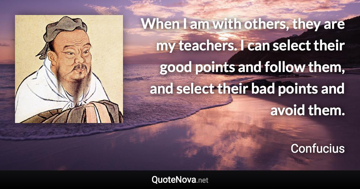 When I am with others, they are my teachers. I can select their good points and follow them, and select their bad points and avoid them. - Confucius quote