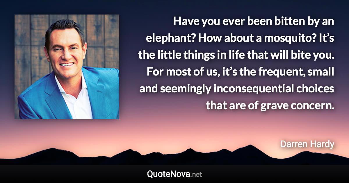 Have you ever been bitten by an elephant? How about a mosquito? It’s the little things in life that will bite you. For most of us, it’s the frequent, small and seemingly inconsequential choices that are of grave concern. - Darren Hardy quote