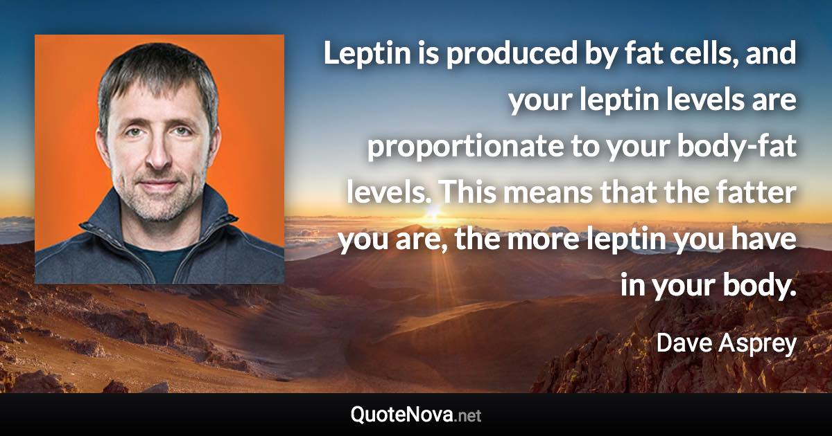 Leptin is produced by fat cells, and your leptin levels are proportionate to your body-fat levels. This means that the fatter you are, the more leptin you have in your body. - Dave Asprey quote