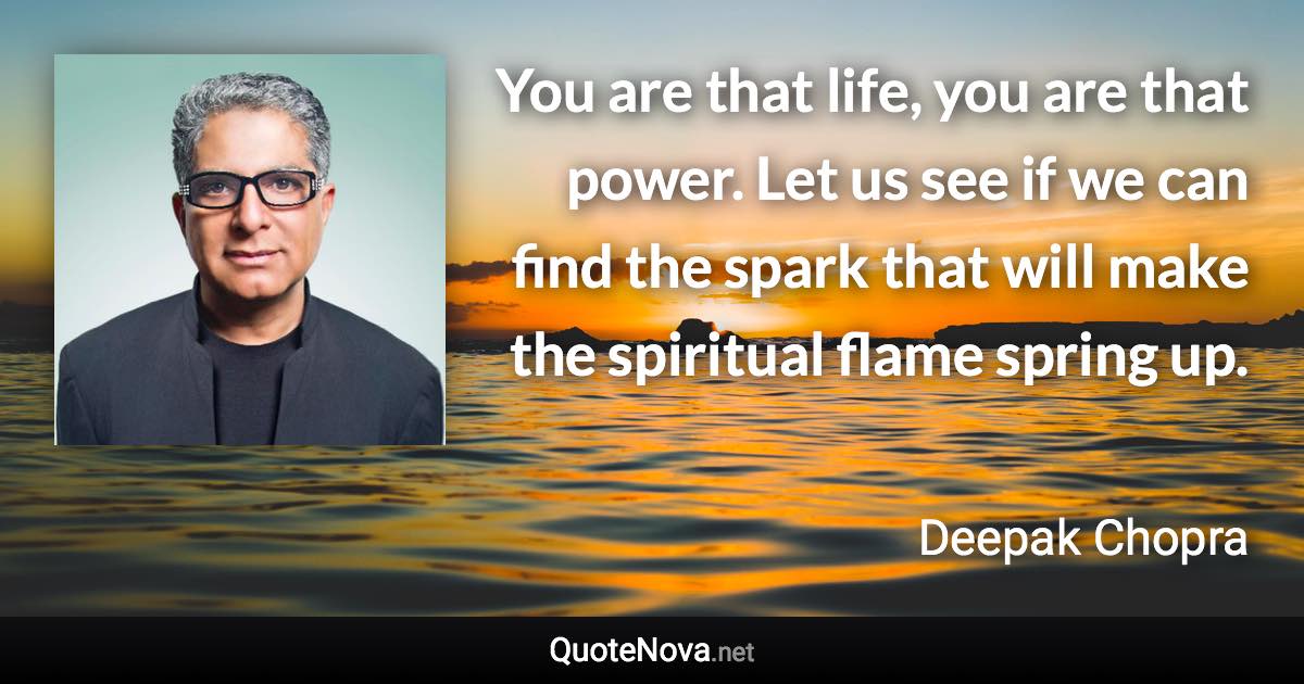 You are that life, you are that power. Let us see if we can find the spark that will make the spiritual flame spring up. - Deepak Chopra quote