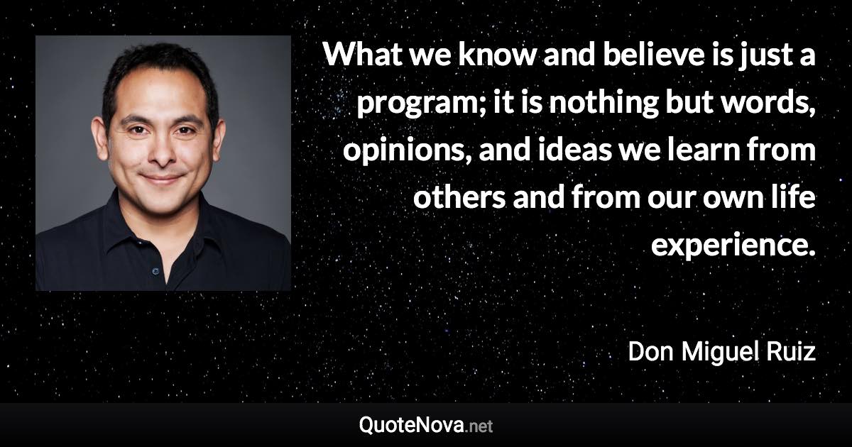 What we know and believe is just a program; it is nothing but words, opinions, and ideas we learn from others and from our own life experience. - Don Miguel Ruiz quote