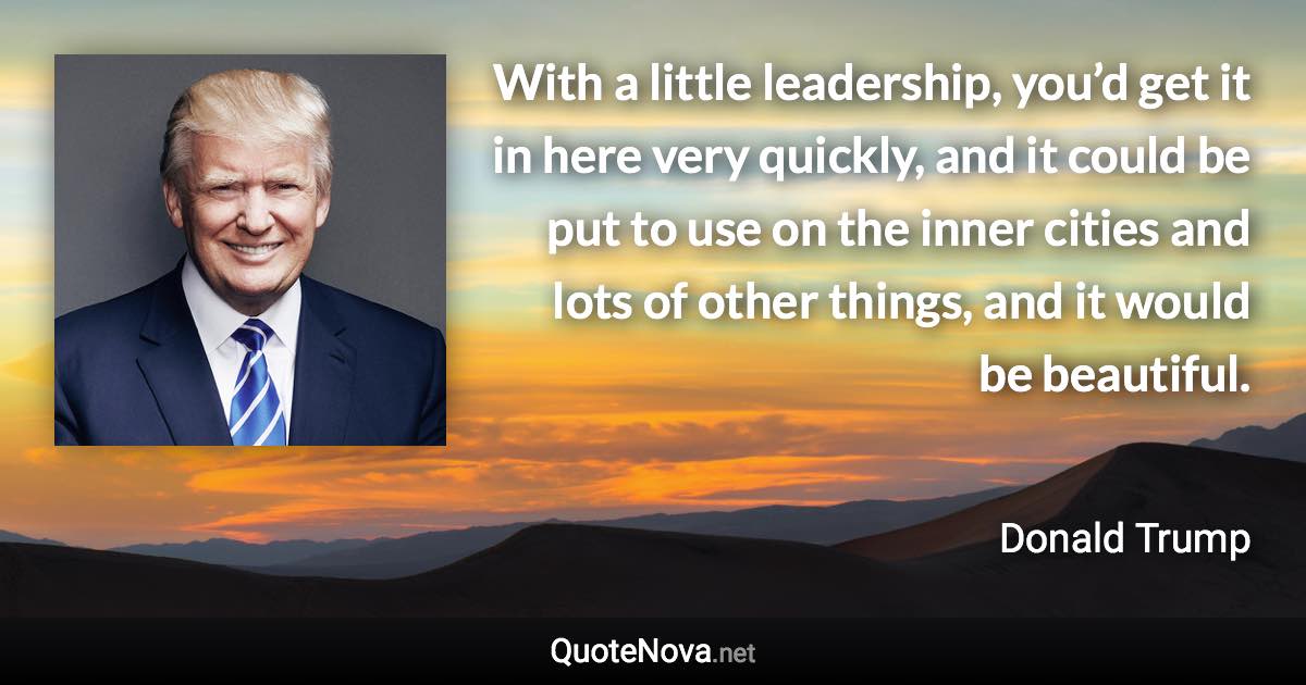 With a little leadership, you’d get it in here very quickly, and it could be put to use on the inner cities and lots of other things, and it would be beautiful. - Donald Trump quote