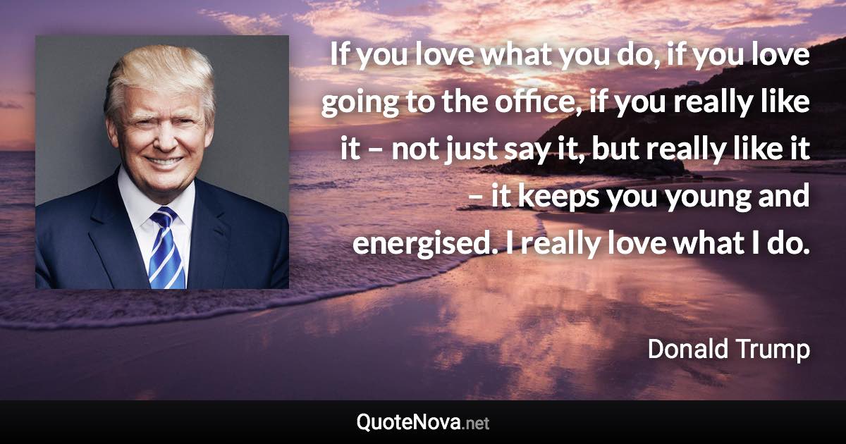 If you love what you do, if you love going to the office, if you really like it – not just say it, but really like it – it keeps you young and energised. I really love what I do. - Donald Trump quote