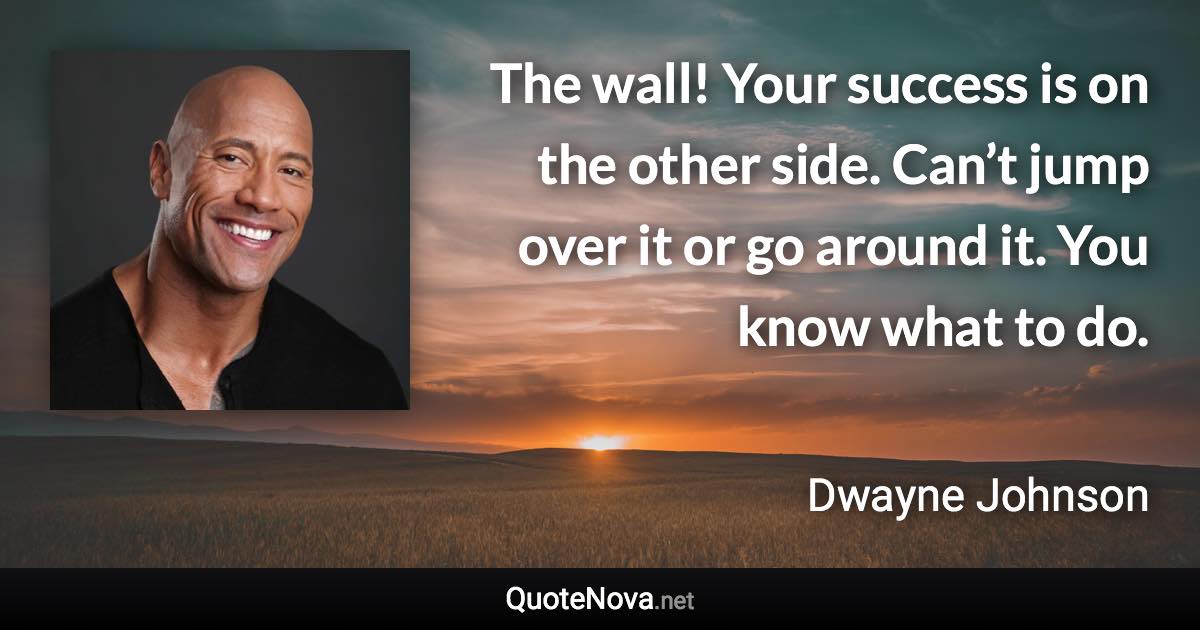 The wall! Your success is on the other side. Can’t jump over it or go around it. You know what to do. - Dwayne Johnson quote