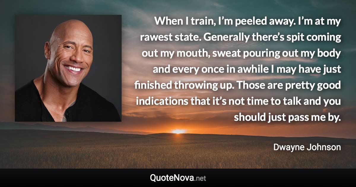 When I train, I’m peeled away. I’m at my rawest state. Generally there’s spit coming out my mouth, sweat pouring out my body and every once in awhile I may have just finished throwing up. Those are pretty good indications that it’s not time to talk and you should just pass me by. - Dwayne Johnson quote