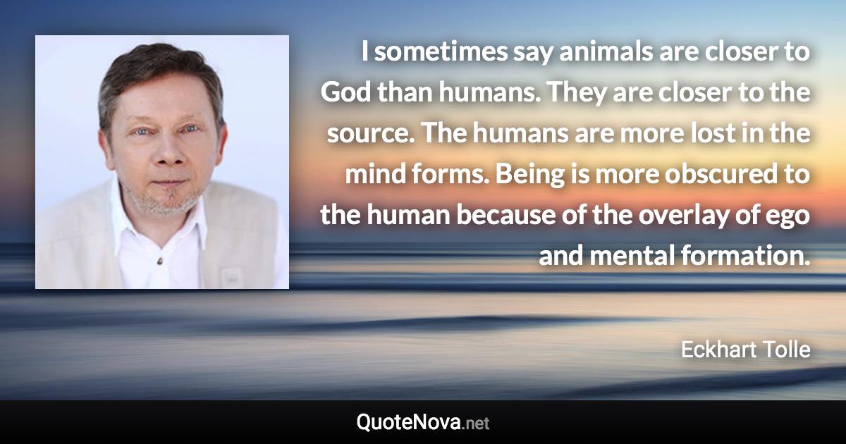 I sometimes say animals are closer to God than humans. They are closer to the source. The humans are more lost in the mind forms. Being is more obscured to the human because of the overlay of ego and mental formation. - Eckhart Tolle quote