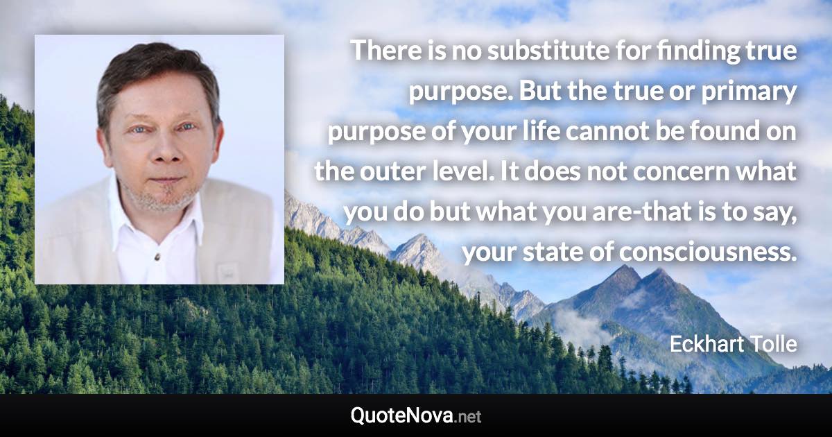 There is no substitute for finding true purpose. But the true or primary purpose of your life cannot be found on the outer level. It does not concern what you do but what you are-that is to say, your state of consciousness. - Eckhart Tolle quote