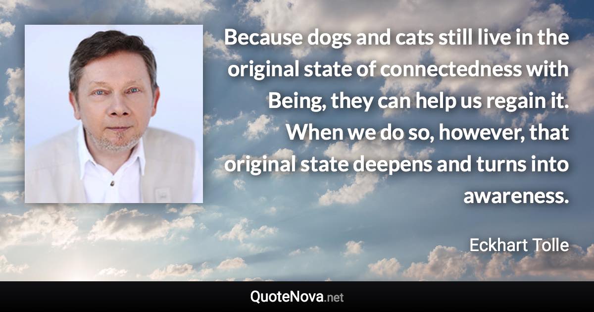 Because dogs and cats still live in the original state of connectedness with Being, they can help us regain it. When we do so, however, that original state deepens and turns into awareness. - Eckhart Tolle quote