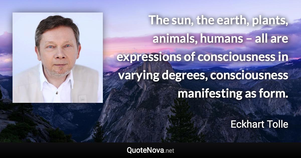 The sun, the earth, plants, animals, humans – all are expressions of consciousness in varying degrees, consciousness manifesting as form. - Eckhart Tolle quote