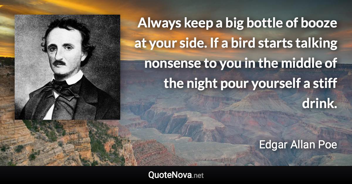 Always keep a big bottle of booze at your side. If a bird starts talking nonsense to you in the middle of the night pour yourself a stiff drink. - Edgar Allan Poe quote