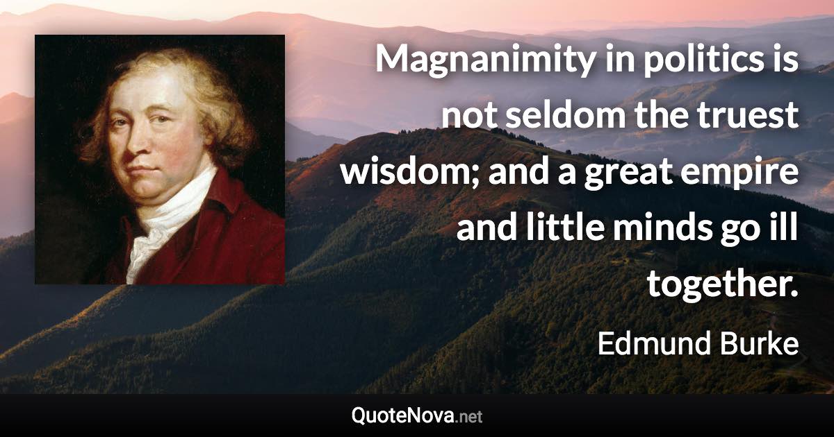 Magnanimity in politics is not seldom the truest wisdom; and a great empire and little minds go ill together. - Edmund Burke quote