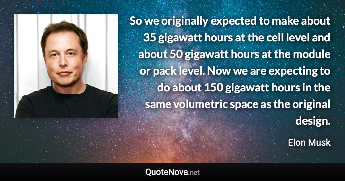 So we originally expected to make about 35 gigawatt hours at the cell level and about 50 gigawatt hours at the module or pack level. Now we are expecting to do about 150 gigawatt hours in the same volumetric space as the original design. - Elon Musk quote