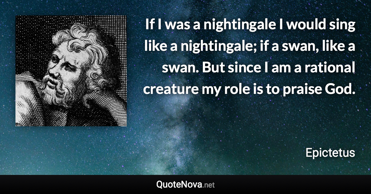 If I was a nightingale I would sing like a nightingale; if a swan, like a swan. But since I am a rational creature my role is to praise God. - Epictetus quote